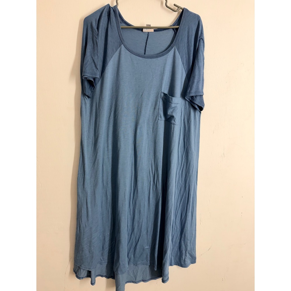 LuLaRoe Carly Dress XL Blue Colorblock Short Sleeve Raglan High Low Pocket Swing